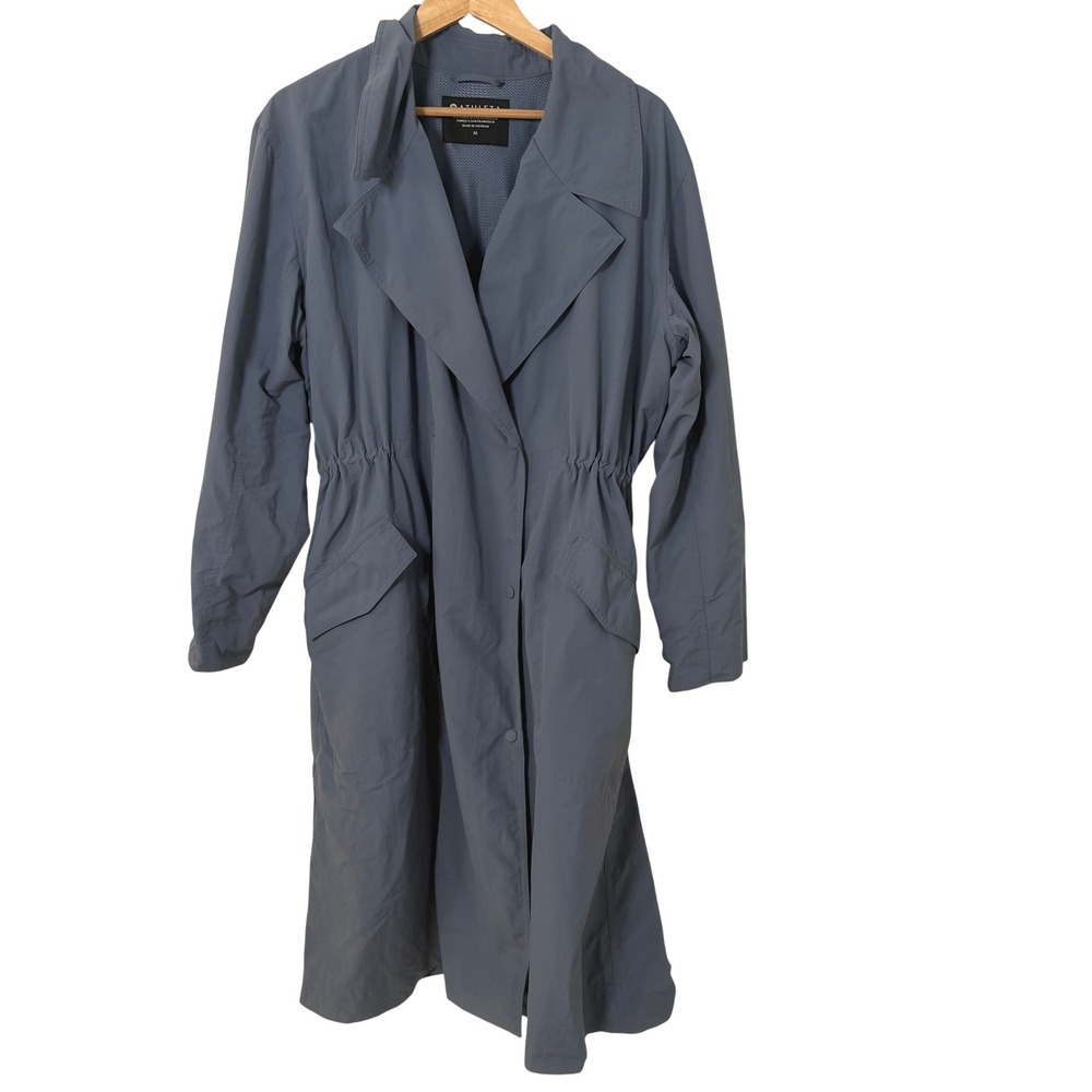 Athleta Trench Coat Womens Medium Blue Grey Excellent Cinched Waist Long Jacket